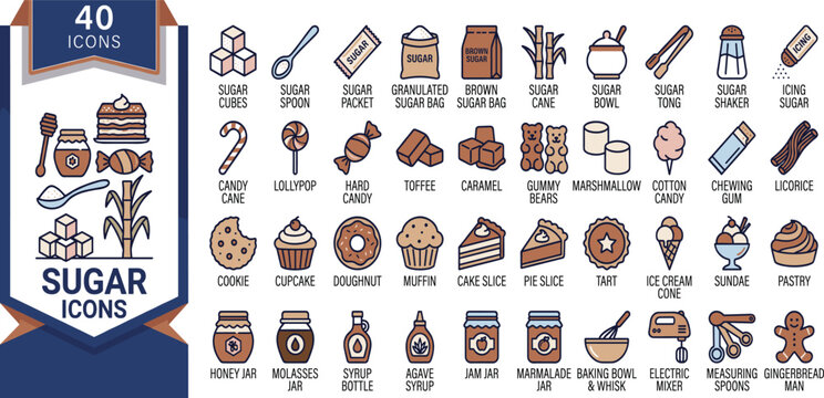 A collection of sugar icons featuring various food items and baking tools