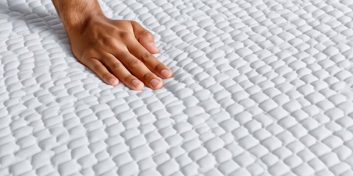 Hand touching a soft white mattress with a textured square grid pattern