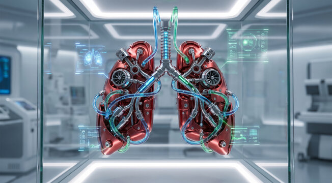 Futuristic artificial lungs, a bio-engineered marvel for advanced organ replacement and life-saving medical solutions, displayed within a high-tech research laboratory