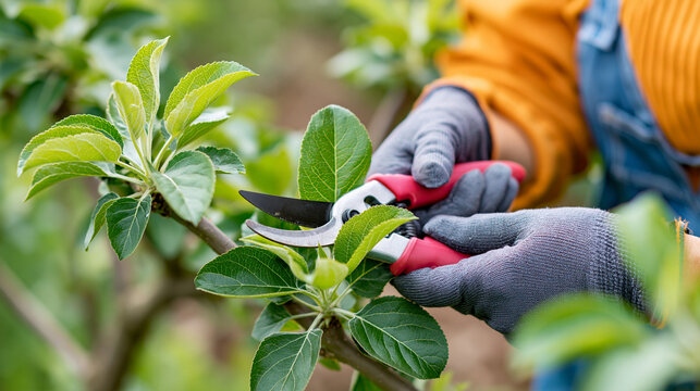 Close-up of a woman's hands pruning fruit trees and bushes in a garden with garden tools, seasonal garden maintenance concept, fruit tree care photography, spring pruning,