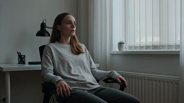 Young Woman Pondering Thoughtfully While Sitting on a Chair, Capturing a Quiet Moment of Reflection