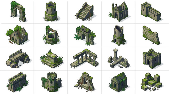 Isometric vector icons depict abandoned stone ruins with foliage in a travel destination