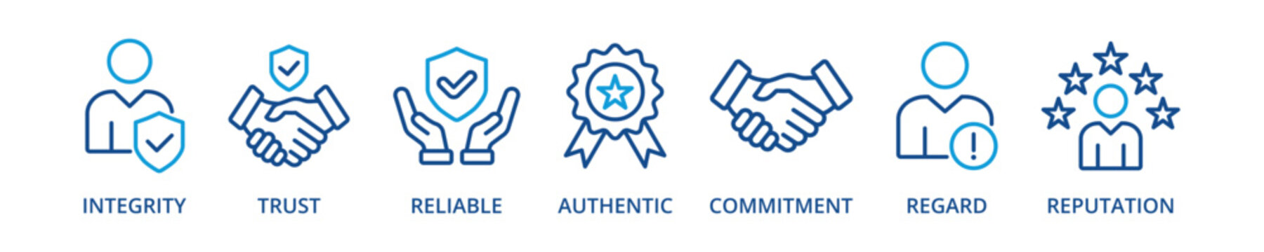 Credibility outline color banner icon with integrity, trust, reliable, authentic, commitment, regard, reputation