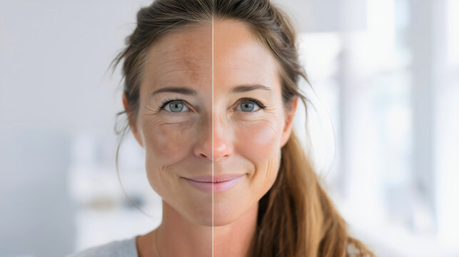Side-by-side comparison of a woman's face before and after professional skincare, showing reduction in wrinkles and hyperpigmentation for a rejuvenated look.