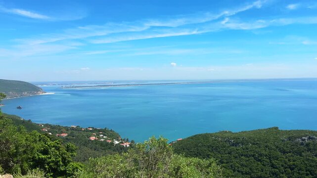 Panoramic aerial view of Arrabida beach. Rocky seascape. Creiro beach. Setubal region, Atlantic Ocean, Portugal