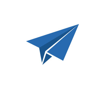 A simple graphic illustration of a blue paper airplane flying upwards and to the right on a clean white background.
