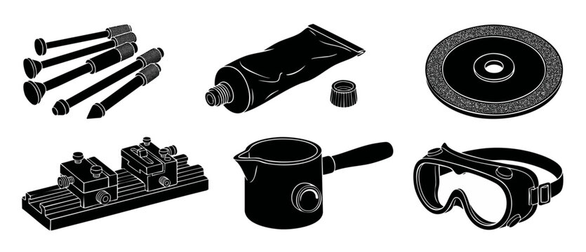 Industrial Equipment Icons Set, Workshop Tools and Safety Gear Collection, Black and White Vector Illustration for Construction, Engineering, Manufacturing, Repair, Maintenance and Technical Design Pr