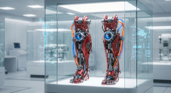 Futuristic bionic prosthetic legs in a pristine laboratory setting, representing advanced medical technology and human augmentation for rehabilitation
