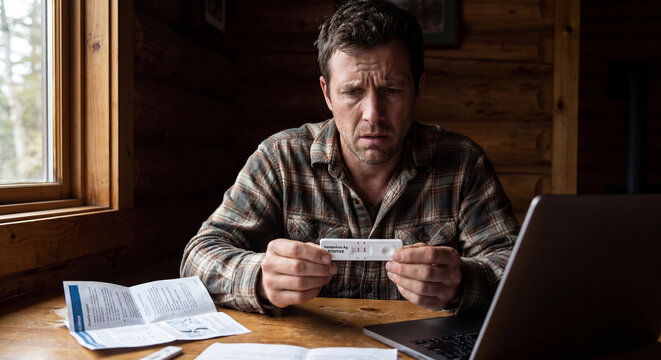 Worried man looking at a positive Hantavirus test kit in a rustic cabin