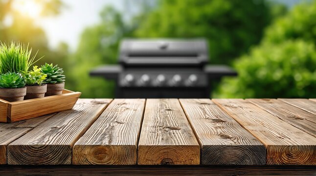 Relaxing backyard patio scene with greenery and grilling