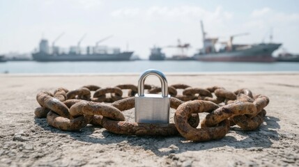 Naklejka premium Rusty heavy metal chain arranged in circle with silver padlock on concrete surface near harbor with cargo ships and cranes in background on sunny day