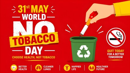 Bright red anti-smoking awareness poster featuring a hand throwing a cigarette into a recycle bin