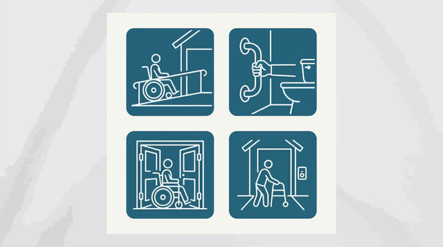 Collection of four blue accessibility icons representing wheelchair ramp, grab bar, automatic doors, and elevator access
