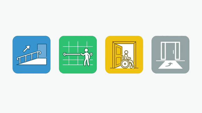 Set of four colorful accessibility icons representing ramp access, grab bars, wheelchair entry, and automatic doors for inclusive design