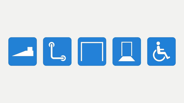 Set of blue accessibility icons representing home features for disabled people including ramps, grab bars, and wheelchair access