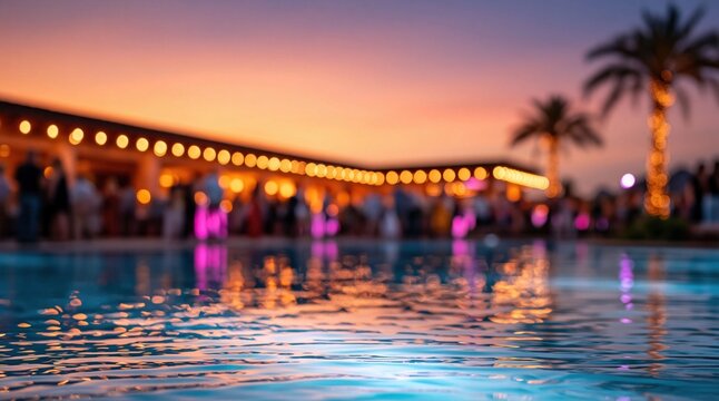 Poolside twilight celebration with warm colorful reflections