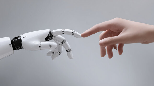 人間とロボットハンドが触れ合うフィジカルAIの未来イメージ