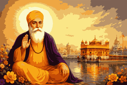 Golden Guru Nanak Jayanti Celebration Illustration with Sikh Temple and Spiritual Background.