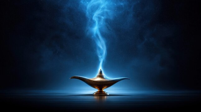 Ancient magic lamp releasing ethereal blue smoke