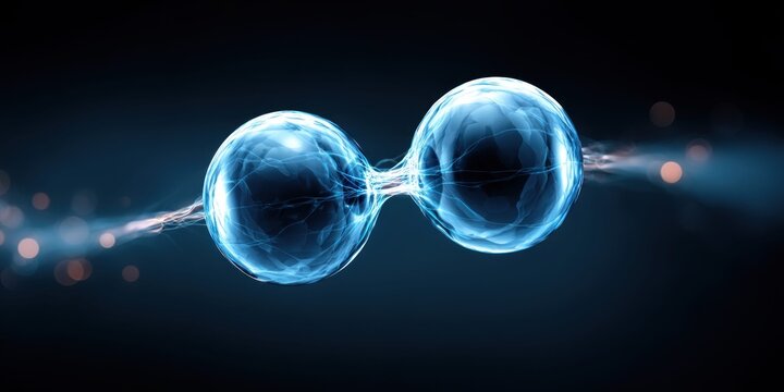 Abstract glowing blue spheres connected by energy streams on a dark background