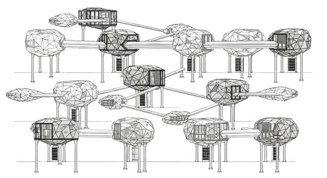 Architectural Blueprint of Elevated Data Sanctuary and Cyber Fortress, Technical Perspective Illustration of Secure Server Monoliths and Cloud Infrastructure