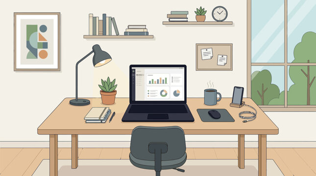 Minimalist flat vector illustration of a productive home office workspace with laptop showing data charts and organized desk accessories