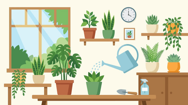 Flat vector illustration of a cozy indoor garden featuring various houseplants, watering can, and gardening tools in a bright room.