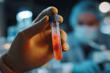Close Up of Medical Gloved Hand Holding Positive Virus Test Sample in Modern Laboratory Environment
