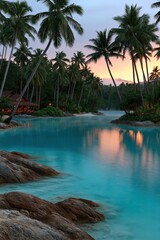 Fototapeta premium Tropical lagoon beach at sunset with turquoise water, palm trees and rocky shore for resort wallpaper and travel banner background