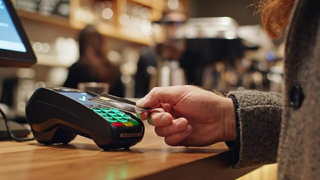 Customer uses credit card for contactless payment at cafe terminal. Scene highlights modern financial technology and convenient shopping. Ideal for banking, retail, or fintech marketing materials.