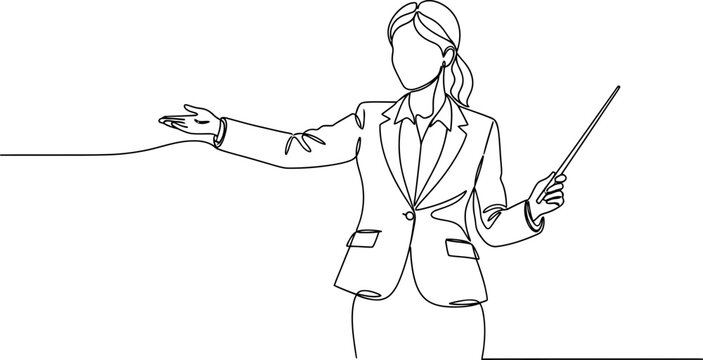 Businesswoman presenting with pointer stick, one line drawing, minimalist style