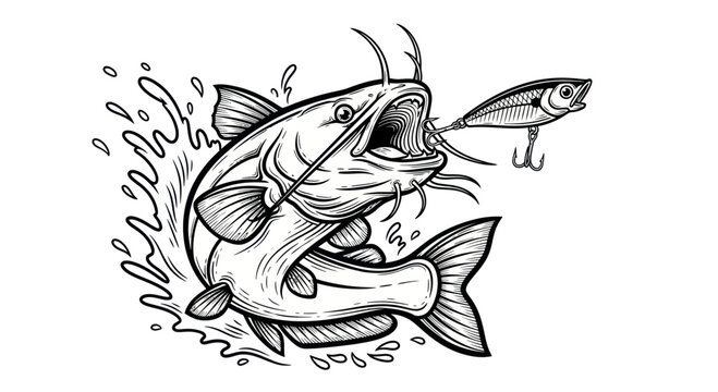 Catfish Fishing Illustration: Fish Chomping on Lure, Dynamic Water Splash