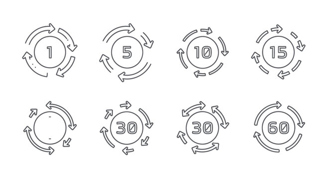 Circular Arrows with Numbers Icons: 1, 5, 10, 15, 30, 60 Minutes