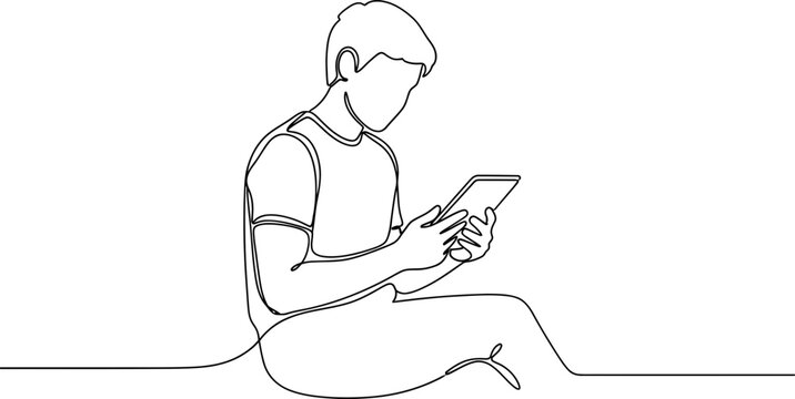 Continuous line drawing of a young man sitting and using a tablet computer on a white background.