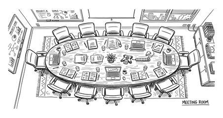 Fototapeta premium Top view of a modern meeting room with large oval table and chairs for business discussion and collaboration.