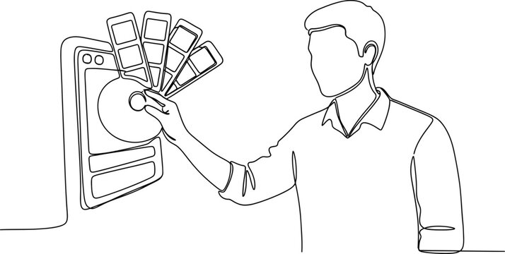 Designer choosing color palette on screen, continuous line art