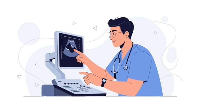 Doctor points to ultrasound scan of fetus on screen, medical sonography concept