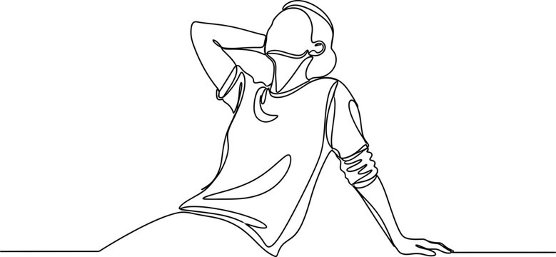 Continuous line drawing of a person relaxing with head tilted back and hand behind head.
