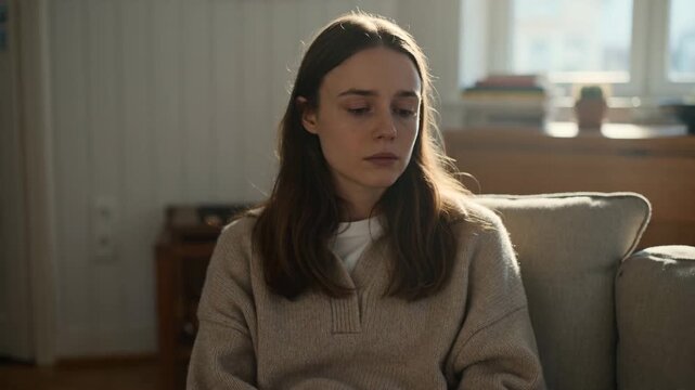 Young Woman Experiencing a Micro Moment of Sadness and Contemplation, Sitting Pensively on