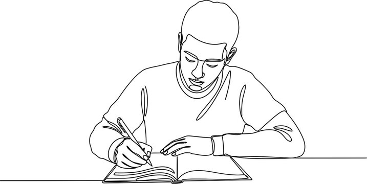 Young man drawing, writing, studying, learning, creative process, continuous line art