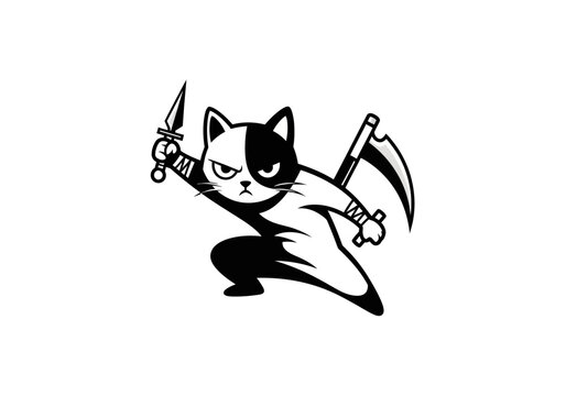 Ninja tuxedo cat holding kunai and scythe in fighting stance