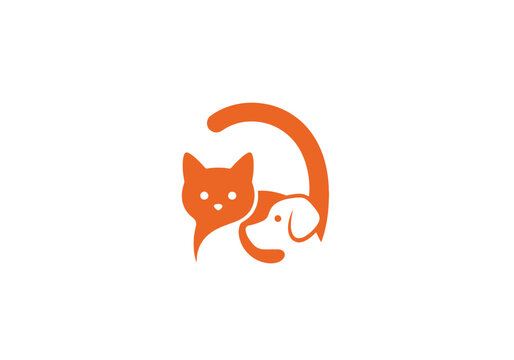 Orange cat and dog minimalist pet logo icon on white