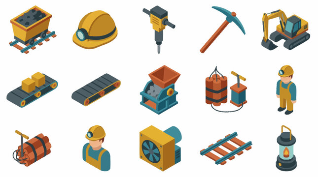 Collection of mining industry icons and workers.