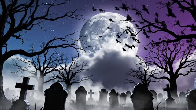 A hauntingly eerie cemetery scene unfolds beneath a colossal, luminous moon amidst swirling fog and bare, silhouetted trees, creating a dramatic atmospheric tableau perfect for Halloween