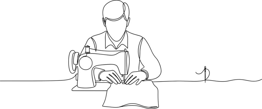 Continuous line drawing of a tailor sewing fabric on a machine, minimalist style