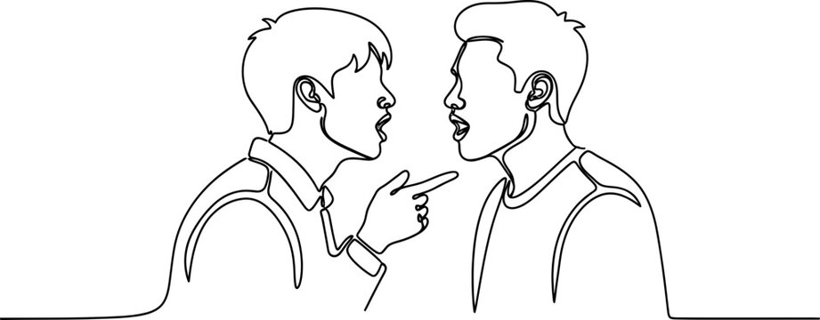 Two men arguing, one pointing finger in minimalist continuous line drawing style