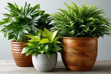 Obraz premium Group of potted indoor plants with fern and leafy foliage on wooden table for home decor background and interior design banner