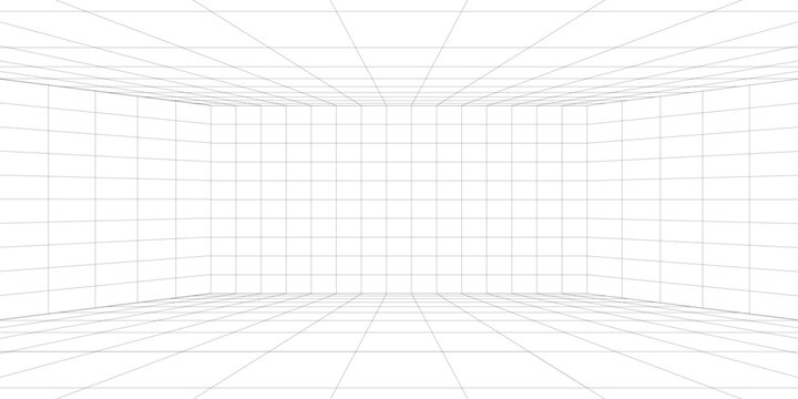 Perspective grid background 3d Vector illustration. Interior design Model projection background template. Line one point perspective