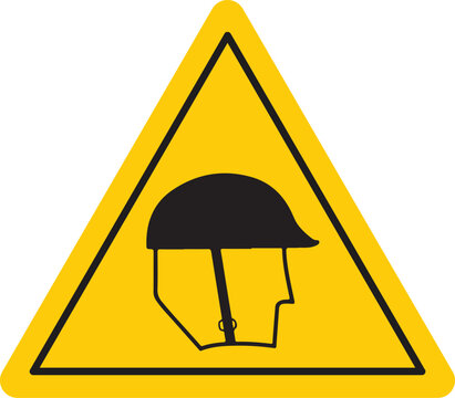 Yellow warning triangle with a black hard hat symbol indicating a mandatory safety helmet zone for construction or industrial sites isolated on white