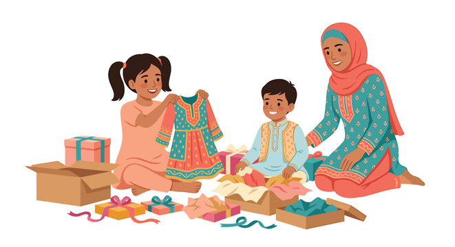 Family, mother, and children, crafting, colorful, DIY, vector illustration